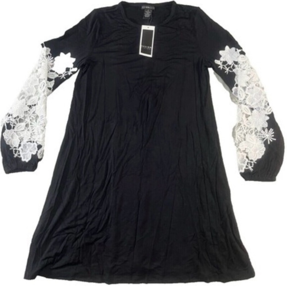 Design History Black Dress with White Floral Sleeves